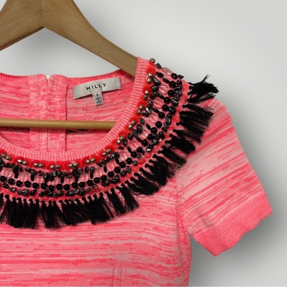 MILLY Knit Top Neon Pink Beaded Sz Small/P - Picture 4 of 7